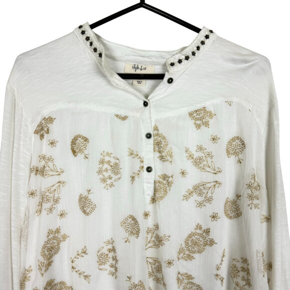 Style & Co Floral Embroidered Top Sz Large Layered Long Sleeve Studded Collar - Picture 2 of 12